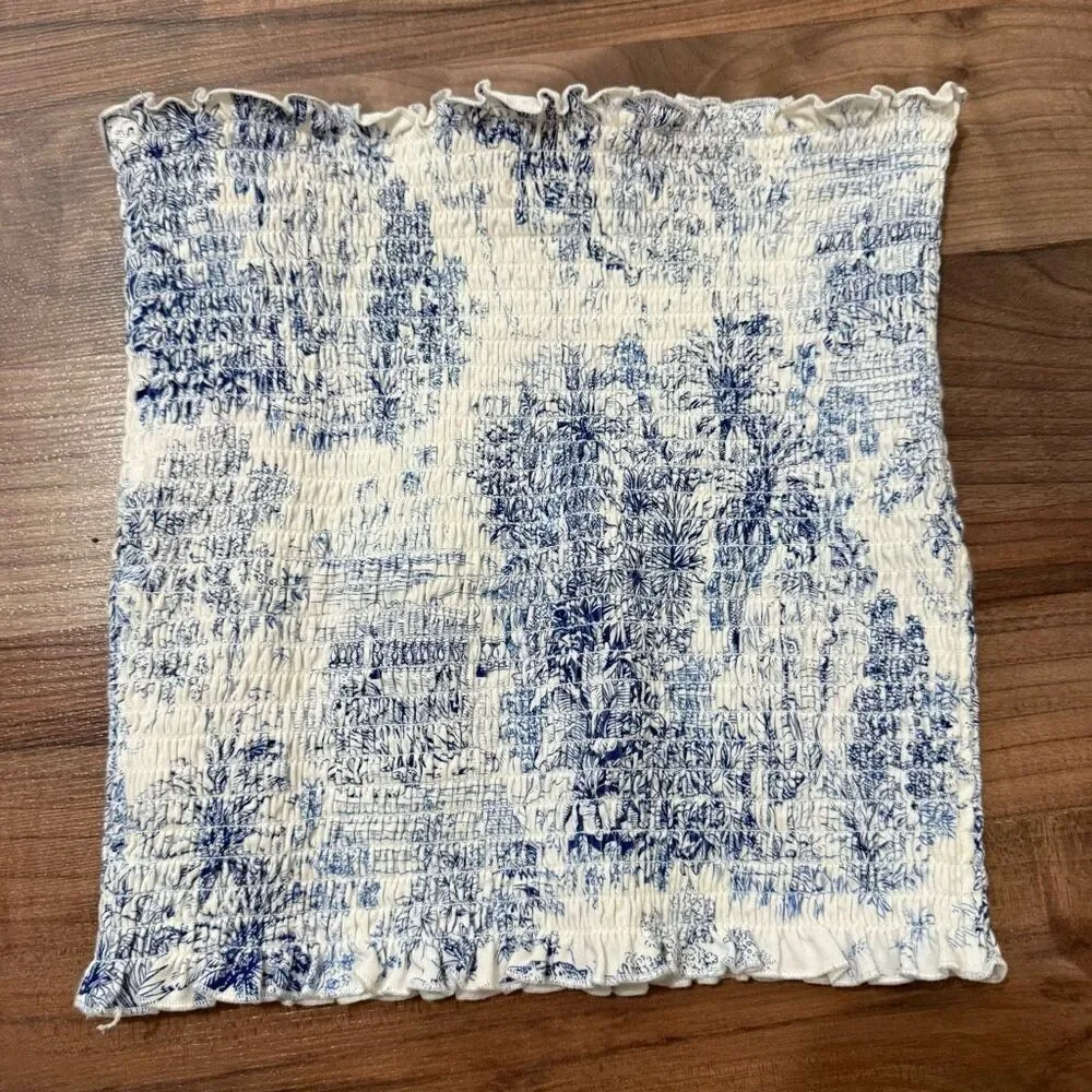 H&M White Smocked Blue Graphic Lettuce Tube Top Small - Picture 5 of 8